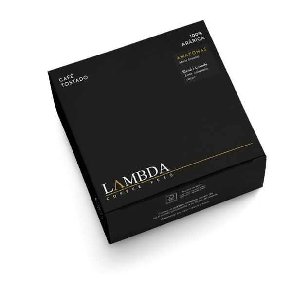 Caja de café de especialidad color negro de la marca Lambda Coffee Peru